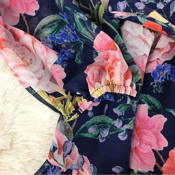 ELIZA J Blue Pink Floral Chiffon Long Sleeve Maxi Dress Tiered Size 2 4‎ New - Picture 7 of 11